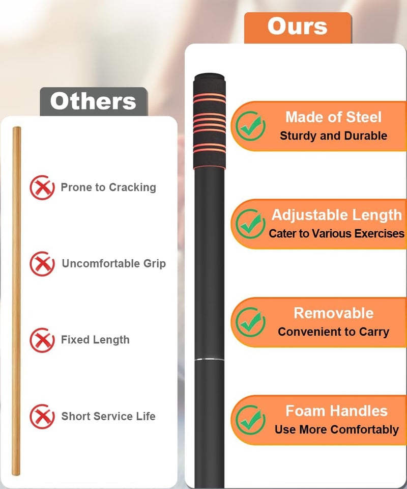 Queension 5ft Yoga Stick – Heavy-Duty Steel Adjustable Stretching Bar for Mobility, Flexibility & Balance. Multi-Functional Fitness Pole with 4 Steel Rods & Comfort Foam Grips - Image 4